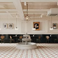 Elegant Dining and Living Room Interior With Chandelier Bar Counter Fountain And Geometric Floor Tiles