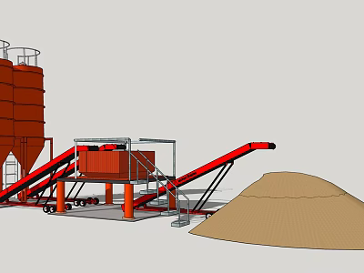 Red Industrial Equipment with Large Storage Tanks Conveyor Belts Processing Unit and Aggregate Pile 3d model