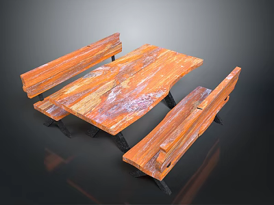 Rustic Wooden Dining Table With Matching Benches And Natural Wood Surface 3d model