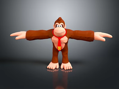 Cartoon Brown Monkey With Outstretched Arms Red Tie Yellow F Letter Standing Black Background Reflection 3d model