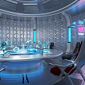 Futuristic Conference Room Interior With Circular Meeting Table Chairs High Tech Lighting And Geometric Walls