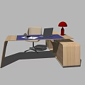 Modern Wooden Office Desk with Laptop Red Table Lamp Chair and Storage Cabinet