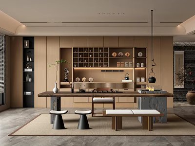 Elegant Modern Tea Room Interior Design With Wooden Cabinets Tea Sets Stools And Rug 3d model