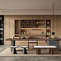 Elegant Modern Tea Room Interior Design With Wooden Cabinets Tea Sets Stools And Rug