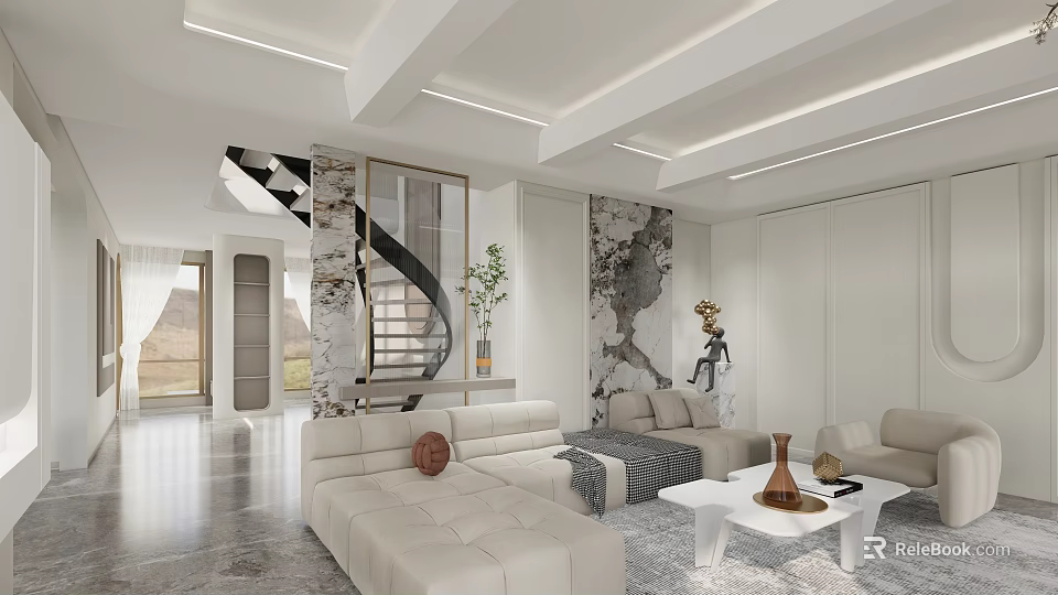 Modern Living And Dining Room With Spiral Staircase Beige Sofa Coffee Table And Artistic Wall 3d model 