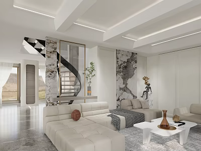 Modern Living And Dining Room With Spiral Staircase Beige Sofa Coffee Table And Artistic Wall 3d model