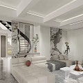 Modern Living And Dining Room With Spiral Staircase Beige Sofa Coffee Table And Artistic Wall