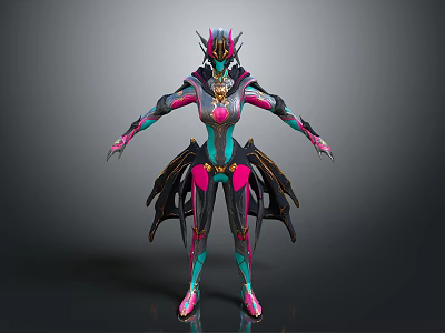 Futuristic Game Movie Character Design In Pink Teal Armor With Helmet Winged Cape 3d model