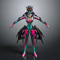 Futuristic Game Movie Character Design In Pink Teal Armor With Helmet Winged Cape