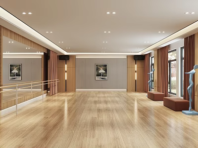 Spacious Fitness Dance Studio With Wooden Floor Mirror Walls And Exercise Barres 3d model