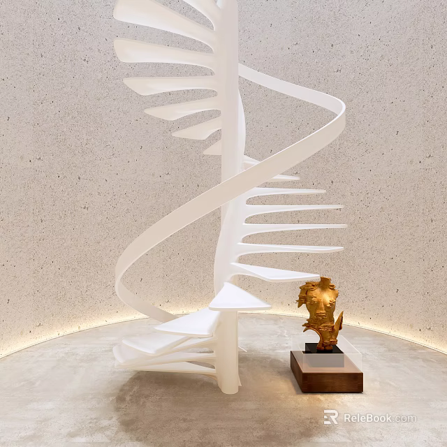 Golden Sculpture on Brown Plinth Beside White Spiral Staircase With Light Wall and Curved Lighting 3d model 