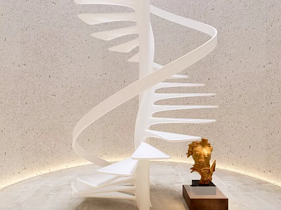 Golden Sculpture on Brown Plinth Beside White Spiral Staircase With Light Wall and Curved Lighting 3d model