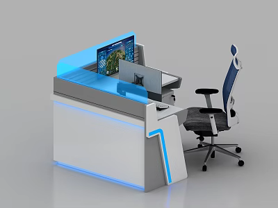 Modern Office Desk With Blue LED Lighting Ergonomic Chair And Computer Monitor 3d model