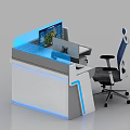 Modern Office Desk With Blue LED Lighting Ergonomic Chair And Computer Monitor