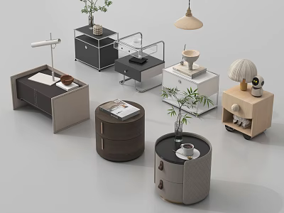 Modern Bedside Tables Design Featuring Lamps Plants Books And Decorative Accents 3d model
