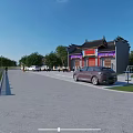 Traditional Ancient Chinese Building With Red Doors Tiled Roof And Plaza With Trees Cars