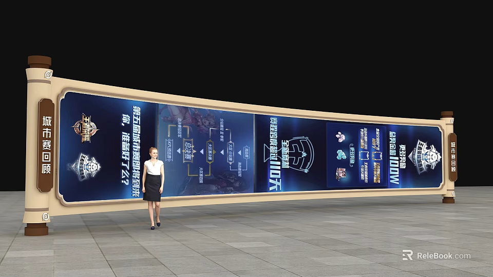 A Woman Standing in Front of Large Digital Display With Icons and Information Text 3d model 