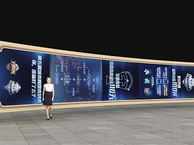 A Woman Standing in Front of Large Digital Display With Icons and Information Text 3d model