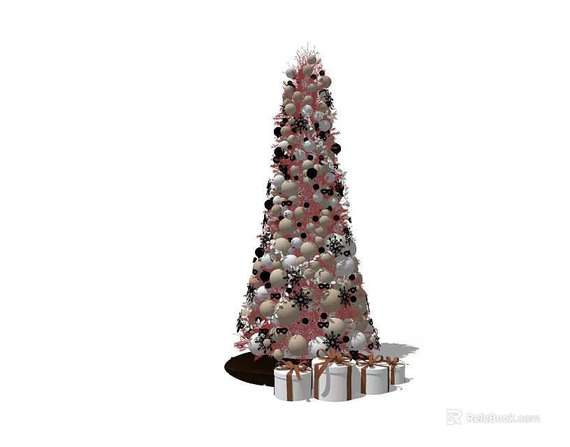 Decorated Christmas Tree With Pink And Black Ornaments Surrounded By Gift Boxes 3d model