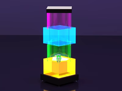Colorful Transparent Multilayer Cube Sculpture With Purple Blue Green Yellow Layers And Black Base 3d model