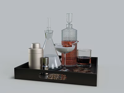 Bar Tools Set With Black Tray Glass Bottles Measuring Cup And Cocktail Glasses 3d model