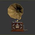 Vintage Gramophone With Golden Horn Wooden Base And Decorative Turntable