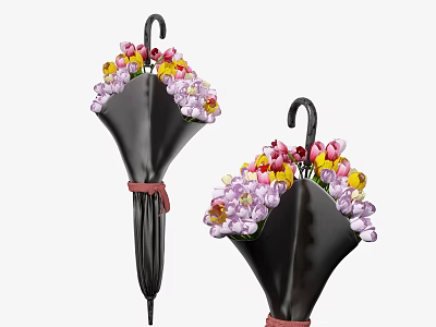 Two Black Umbrellas Adorned With Mixed Colorful Flowers And Red Ribbon Straps 3d model