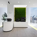 Modern Public Office Area with Open Glass Partition Yellow Sofa Black Coffee Table and Plant
