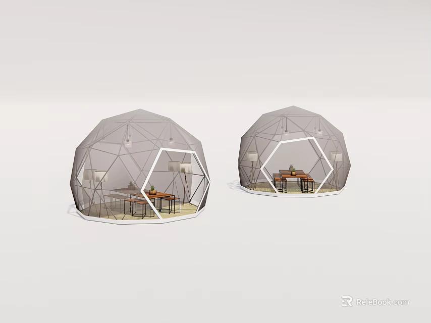 Two Dome Shaped Outdoor Playground Equipment With Metal Frame Transparent Material And Tables Chairs 3d model 