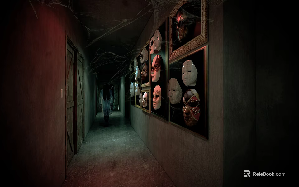 Dark Corridor With Hanging Masks And Spider Webs In Dim Lighting 3d model 