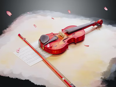 Vibrant Violin And Art Supplies On Paper With Paintbrush Music Sheet Watercolor And Petals 3d model
