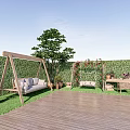 Cozy Garden Decor With Wooden Deck Green Hedge Wall Swings And Roses