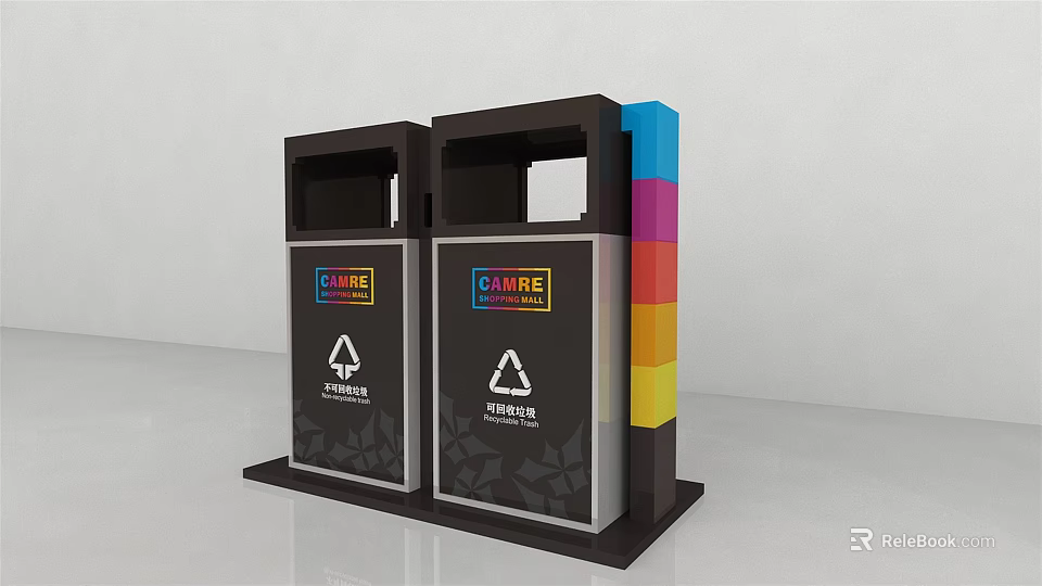 Modern Public Recycling Bins With Colorful Stripes And Recycling Symbols Design 3d model 