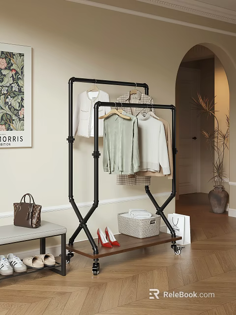 Black Metal Foldable Clothes Rack Holding Multi colored Clothes and Storage Basket 3d model 