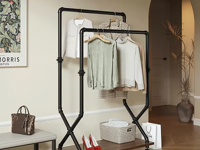 Black Metal Foldable Clothes Rack Holding Multi colored Clothes and Storage Basket 3d model