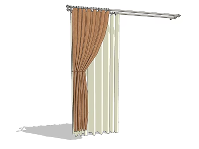 Brown and Beige Curtains Hanging on Curtain Rod with Pleated Design 3d model