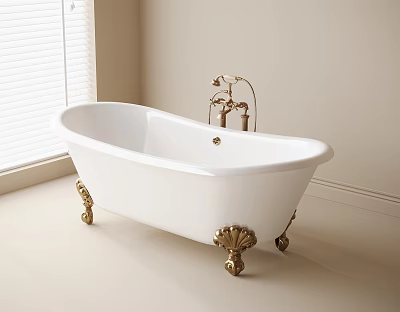Elegant White Bathtub With Brass Feet And Faucet In Bathroom Interior 3d model