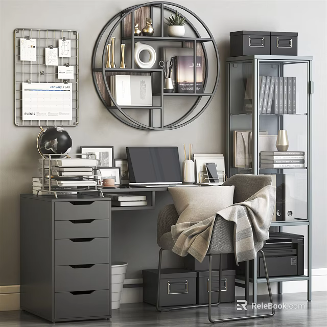 Modern Work Desk Setup With Laptop Bookshelf Office Chair And Decorative Items 3d model 