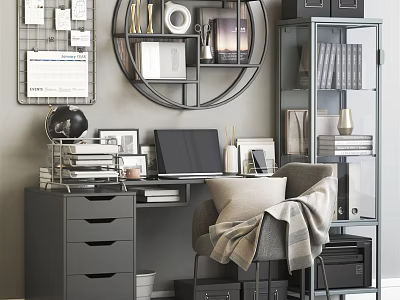 Modern Work Desk Setup With Laptop Bookshelf Office Chair And Decorative Items 3d model