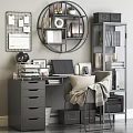 Modern Work Desk Setup With Laptop Bookshelf Office Chair And Decorative Items