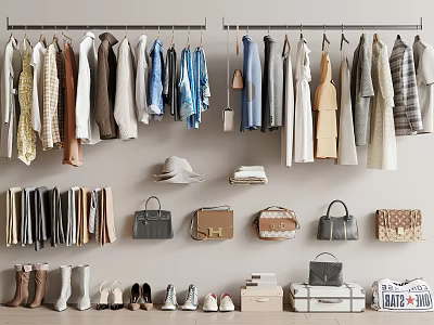 Assorted Clothes Hanging On Racks With Hats Bags And Shoes Accessories 3d model