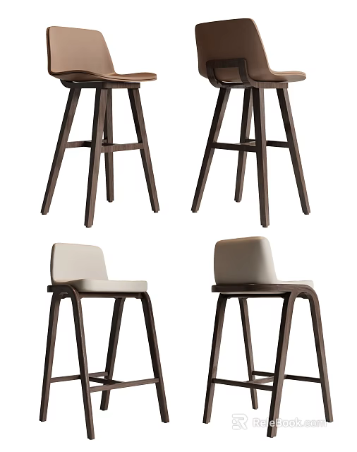 Modern Wooden Bar Stools With White Padded Seat Design For Home Kitchen Counter 3d model 
