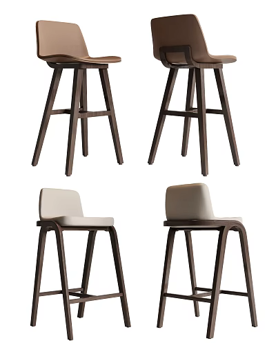 Modern Wooden Bar Stools With White Padded Seat Design For Home Kitchen Counter 3d model