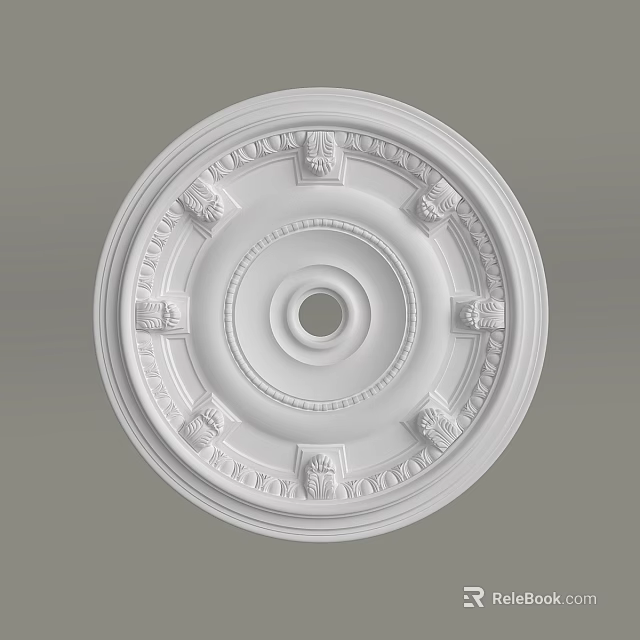 White Decorative Circular Ceiling Medallion With Intricate Carved Patterns And Central Lighting Hole 3d model 