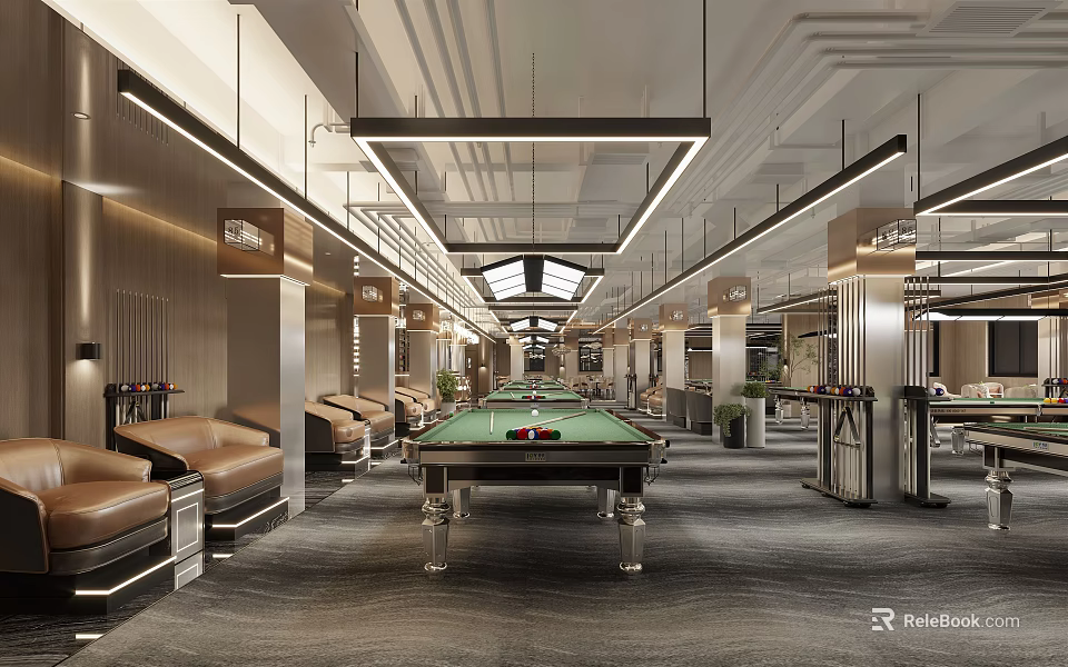 Luxurious Billiard Room Interior With Green Felt Table Leather Sofas And Modern Lighting 3d model 