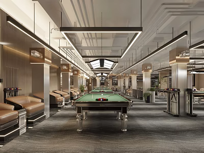 Luxurious Billiard Room Interior With Green Felt Table Leather Sofas And Modern Lighting 3d model