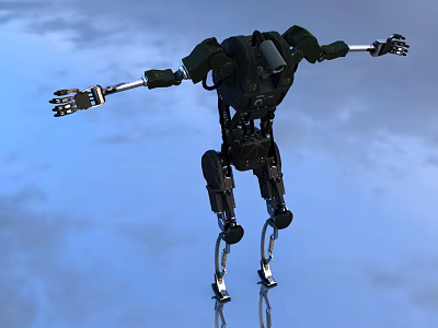Intelligent Machine with Mechanical Arms Legs and Metallic Structure Against Blue Sky 3d model