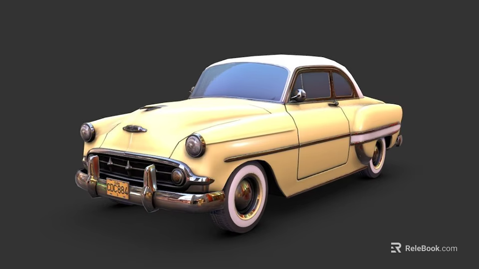 Classic Yellow Vintage Car With White Roof Two Door Chrome Details 3d model 