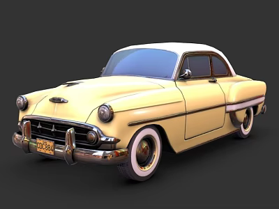 Classic Yellow Vintage Car With White Roof Two Door Chrome Details 3d model