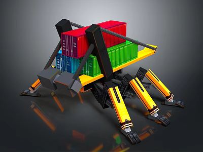 Mechanical Multi Legged Game and Movie Character With Colorful Containers On Platform 3d model